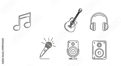 Music equipment icons collection featuring guitar microphone headphones speakers.