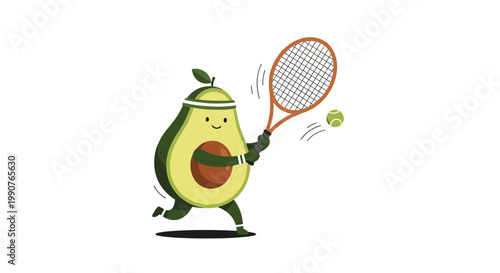 A whimsical avocado character wearing a sporty white headband swings a detailed brown tennis racket to hit a fuzzy green ball on a white background.