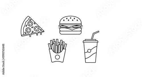 Doodle Style Fast Food Icons Pizza Burger Fries Soda.