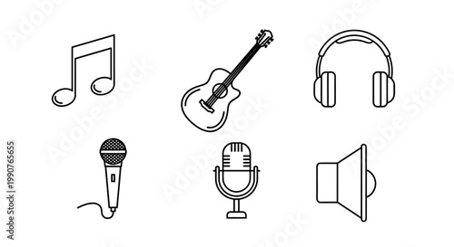 Music Icons Set Featuring Guitar Microphone Headphones.