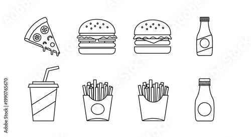 Assorted Fast Food Items Featuring Pizza Burgers Fries and Drinks.