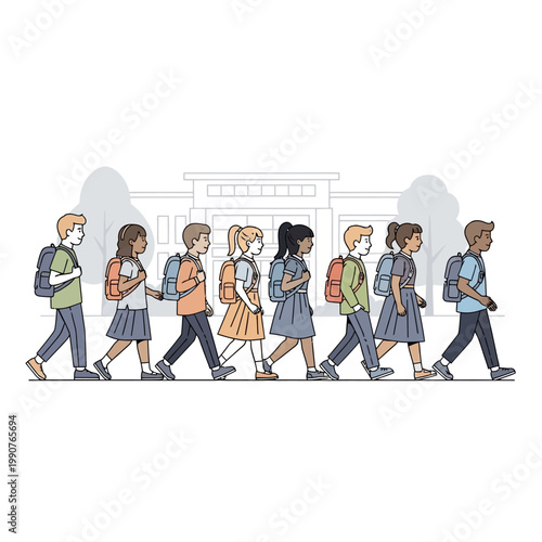 Diverse Group of School Children Walking in Line to Class