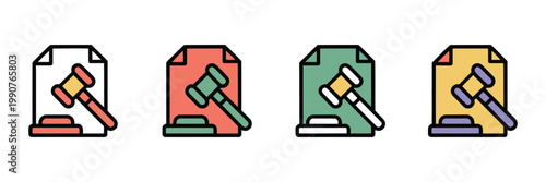 Court gavel and legal document icons in flat colorful line art style