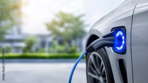Accelerate the transition to clean energy: a white electric vehicle charging via a luminous blue port on a sun-drenched suburban street, perfect for environmental advocacy and smart city concepts.