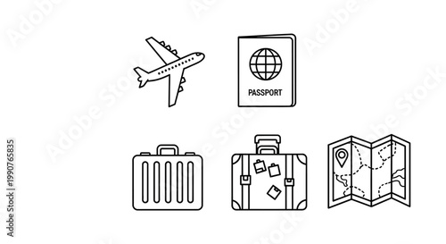 Travel icons set featuring passport airplane map suitcase.