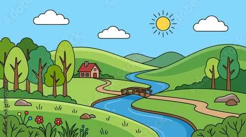 A serene countryside landscape with a winding river flowing through a green valley with trees and a house under a sunny sky.