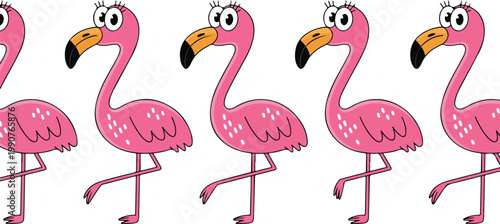 Cute pink flamingo cartoon character vector set featuring tropical birds with big eyes for summer party decor invitations kids nursery art and wildlife designs, 19 words.