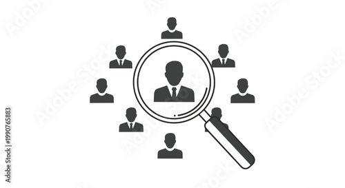 A silver magnifying glass focuses intently on a single black business person icon among a circular arrangement of candidates on a white background.