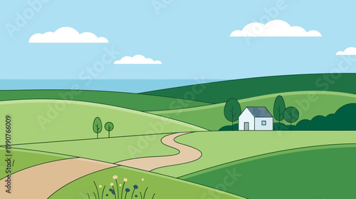 A serene landscape of rolling green hills with a winding dirt road leading to a white house under a blue sky with fluffy clouds.