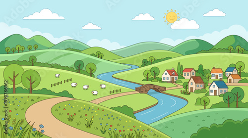 A serene landscape of a village nestled between rolling hills and a meandering river under a sunny sky with fluffy white clouds and green fields.