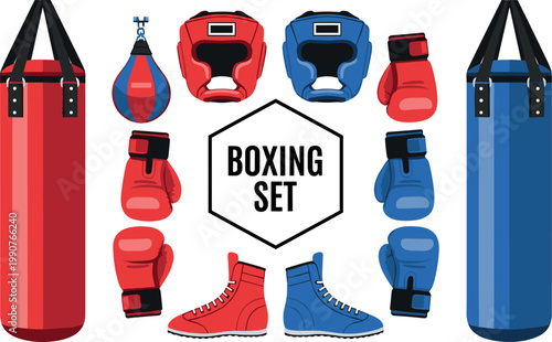 Professional boxing equipment set featuring red and blue punching bags gloves headguards speed balls and boxing shoes for combat sports training.