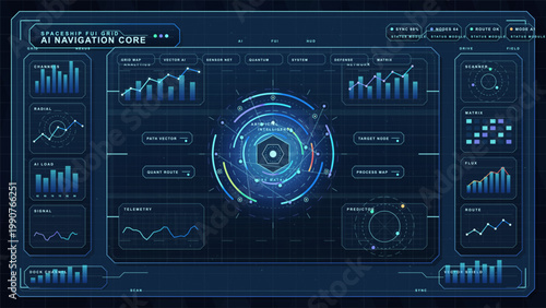 Futuristic spaceship navigation dashboard with circular AI core interface, radar charts, telemetry panels, and blue sci fi HUD layout