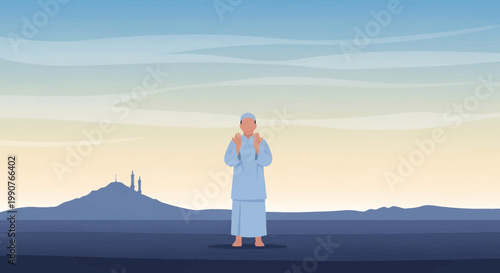 Muslim Pilgrim Wearing Ihram Praying at Mount Arafat During Hajj Pillar Icons Vector Illustration