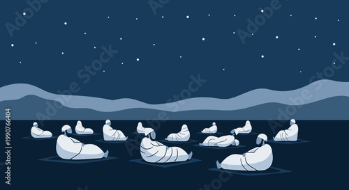 Muslim pilgrims sleeping in Muzdalifah under a starry night sky during Hajj pilgrimage journey