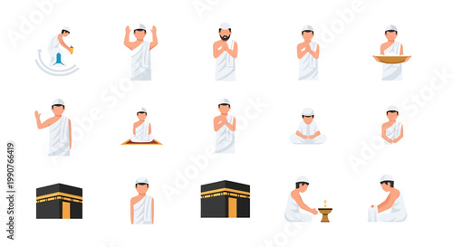 Muslim pilgrims performing hajj pillar icons and religious rituals wearing ihram clothing vector set