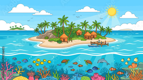 Tropical island with palm trees and colorful fish swimming in the ocean near a coral reef