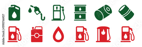 Variety of gas pump icons, green red color variation, modern flat design