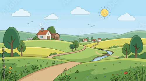 A serene countryside scene with a winding road, trees, and houses under a sunny sky with fluffy clouds in a rural landscape.