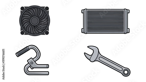 Mechanical Components: A detailed display of key mechanical components, featuring a cooling fan, radiator, clamp, and wrench, essential tools and parts for maintenance and repair.