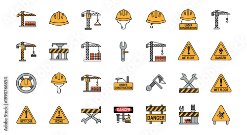 Construction Site Icons Set Including Cranes Hard Hats Wrench Tools Warning Signs And Barriers
