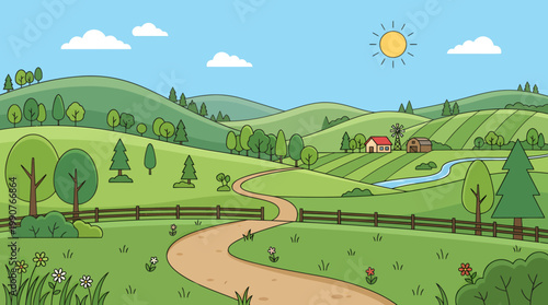 A serene landscape of rolling hills and trees with a winding road leading to a house under a sunny sky.