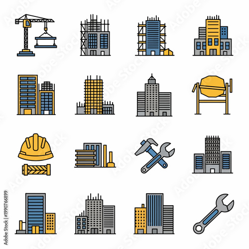 Diverse Construction And Building Icons Set Including Crane, Helmet, Tools, And Various Architectural Structures