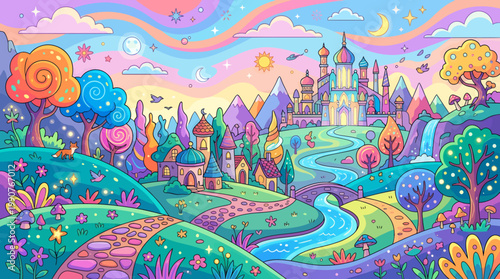 A vibrant fairy tale castle stands amidst a whimsical landscape with rolling hills, winding river, and colorful flowers under a starry sky at sunset.