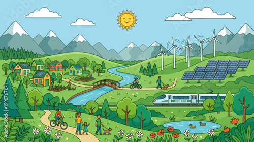 People cycling near a sustainable village with solar panels and wind turbines under a sunny sky