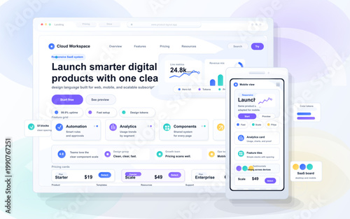 Light responsive SaaS landing page dashboard interface with desktop browser layout and mobile app preview for product design system showcase