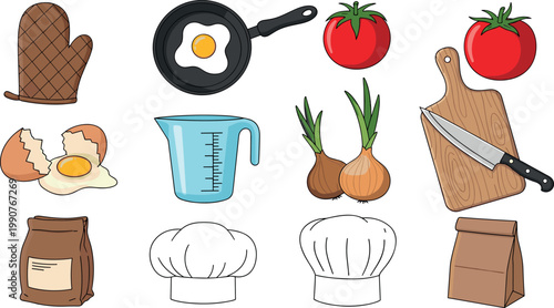 Professional kitchen cooking tools and fresh food ingredients vector illustration set with chef hat frying pan and cutting board