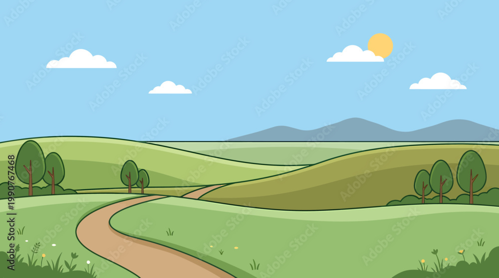Fototapeta premium A serene landscape with a winding road through rolling hills and trees under a sunny sky with clouds.