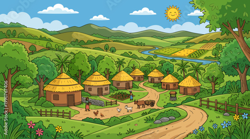 A sunny day scene of a village with houses, trees, and animals in a rural landscape environment.