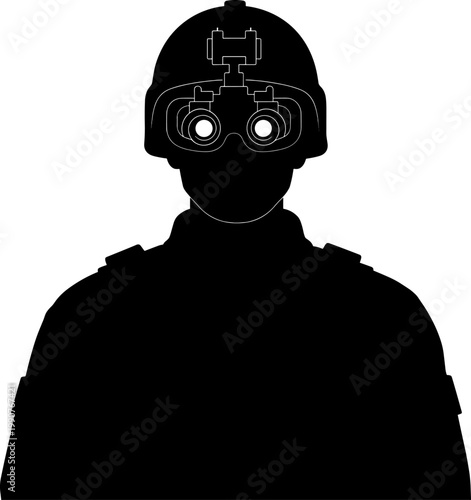 Soldier silhouette wearing night vision goggles and helmet