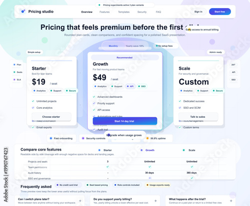 Flat vector SaaS pricing landing page with subscription plan cards, monthly yearly toggle, comparison table, FAQ section and call to action buttons