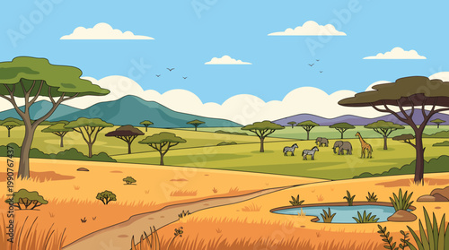 Animals roam freely in a serene savannah landscape with trees and a waterhole.