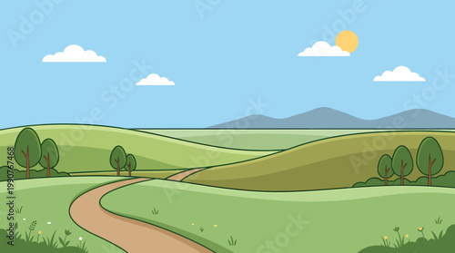 A serene landscape with a winding road through rolling hills and trees under a sunny sky with clouds.