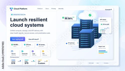 Cloud platform landing page interface with server racks, uptime metrics, API status cards, deployment controls, and pricing panels in light UI