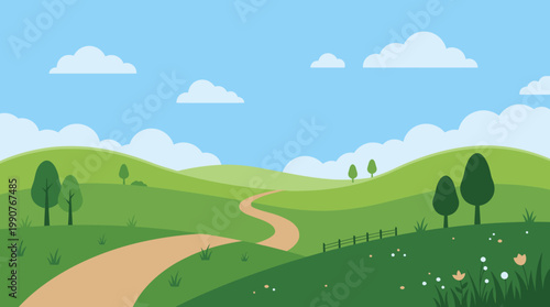 A serene landscape of rolling green hills with a winding dirt road under a blue sky with fluffy clouds and trees.
