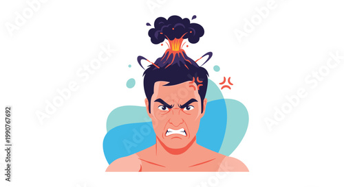 Furious man with an erupting volcano on his head representing extreme anger, high stress, or a serious mental breakdown.