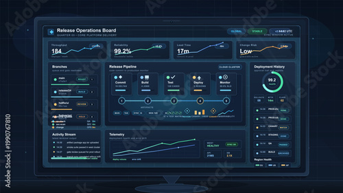 Release operations dashboard on desktop monitor with deployment pipeline, telemetry charts, branch status and live rollout history panels.