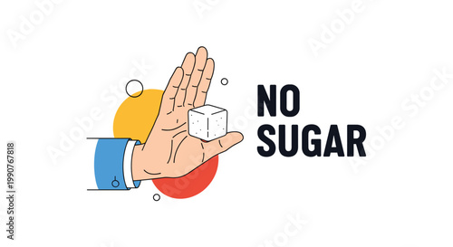 Creative conceptual illustration of a hand making a stopping gesture to refuse a sugar cube for a healthy diet and lifestyle.