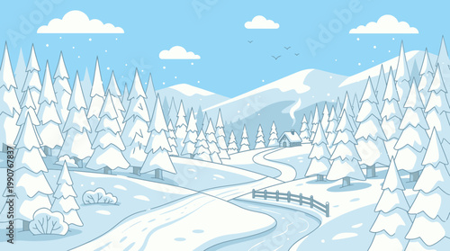 Snowy landscape with frozen road, bridge, and trees under a blue sky with clouds.