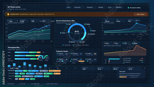 Dark API observability dashboard interface with incident alert banner, service dependency map, latency charts and endpoint health panels