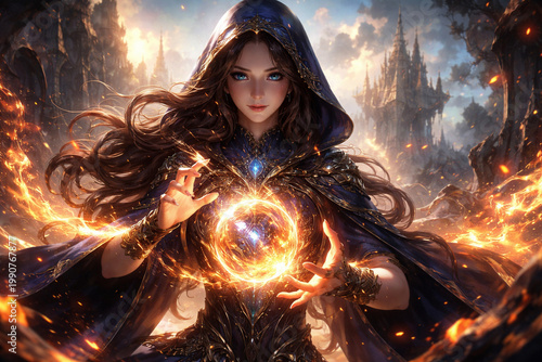 Enchanted Fire Sorceress Conjuring a Living Orb