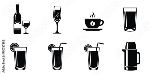 Black and white beverage icons wine champagne coffee and various drinks