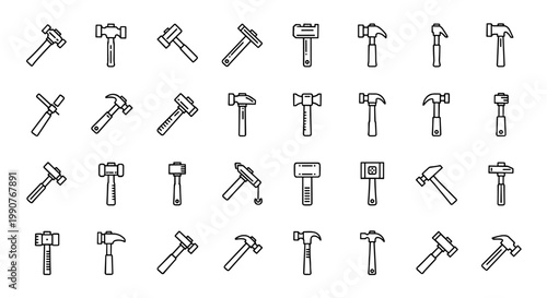 Collection of various hammer icons and symbols representing different types of hammers, tools, and construction equipment