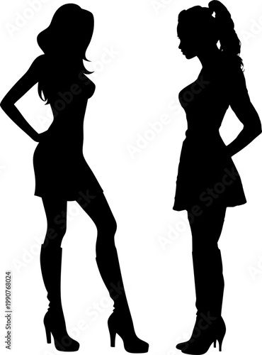 Vektor Silhouetten Körper - Zwei sexy Frauen stehen sich gegenüber mit Minirock und Stiefeln