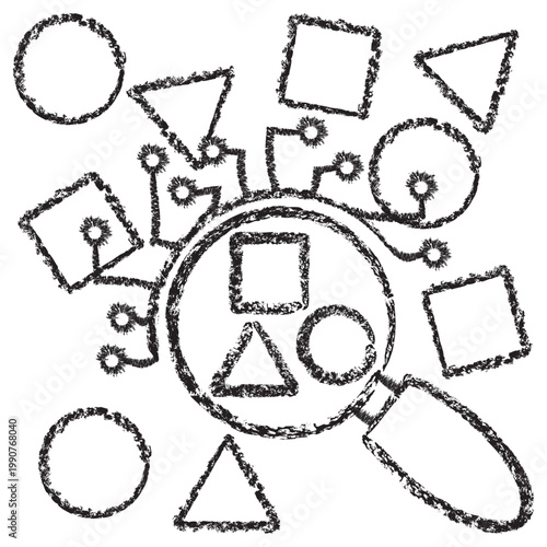 Vector icon of AI magnifying glass analyzing geometric shapes. Dark brown charcoal sketch on transparent background style. It represents machine learning data classification and pattern recognition