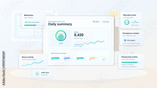 Light connected family care dashboard interface with daily summary, medication reminders, room activity, pulse sensor and support panels