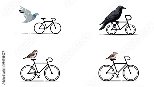 Avian Bikers: A creative illustration showcases four distinct birds perched on sleek bicycles, each embracing their own unique perspective, freedom and journey.